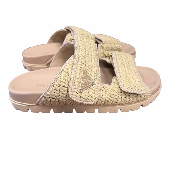 Prada Fussbett Raffia Double Band Tan Woven Slide Sandals - Picture 10 of 16